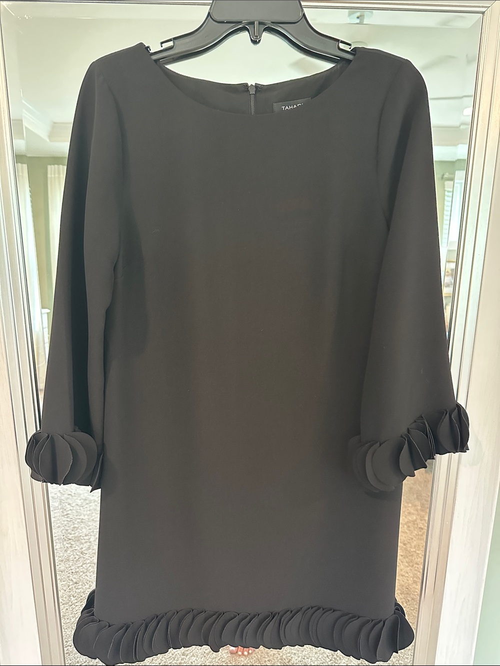 Tahari Black Shift Dress with Ruffle Trim